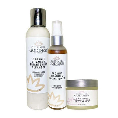 Vitamin C Brighter Skin Organic Skin Care 3 Step Cleansing Kit including cleanser, toner, and face mask.