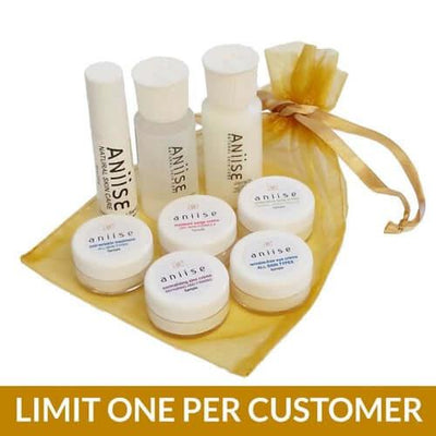 Skin Care Sample Pack Our Best Selling Products displayed in a golden bag with various cream samples from Aniise.
